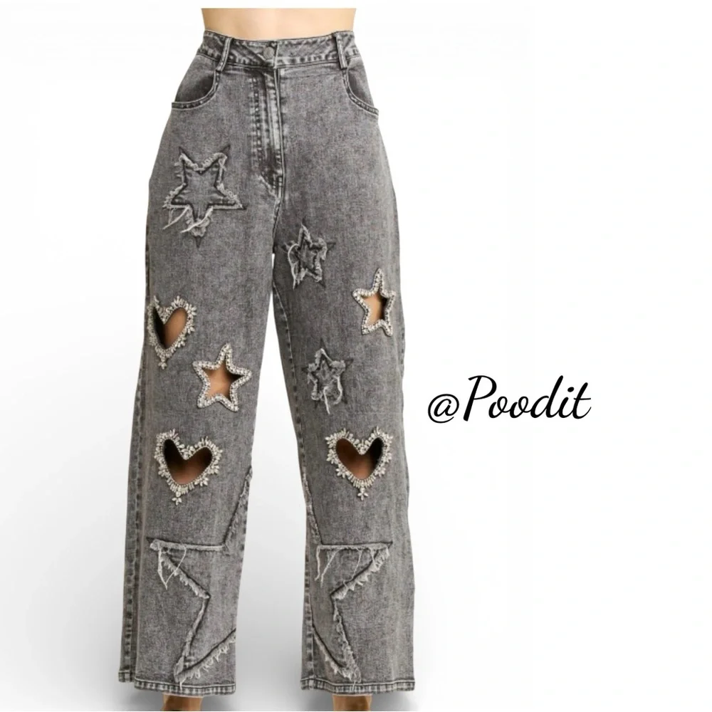J. HER cut out rhinestone hearts & stars wide leg loose fit style jeans sz SMALL - Picture 3 of 7
